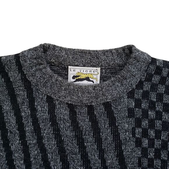 Vintage Le Tigre Sweater Mens Medium Gray Geometric Stripe Knit Crewneck 90s - Picture 4 of 10